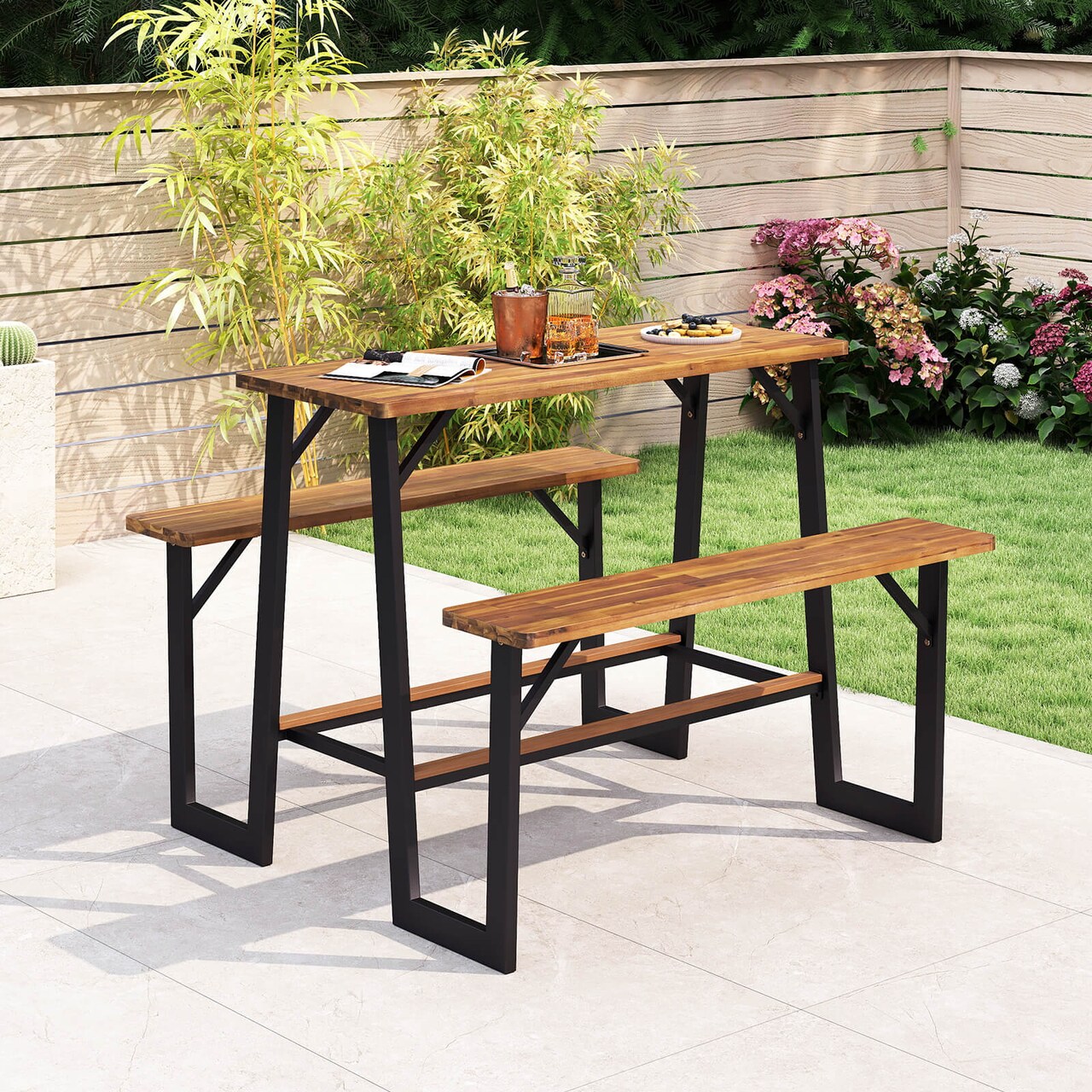 Costway Patio Picnic Table Bench Set with Acacia Wood Tabletop Benchtop Built-in Footrests